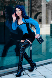 Corset long Playgirl noir et bleu en acier désossé surbuste