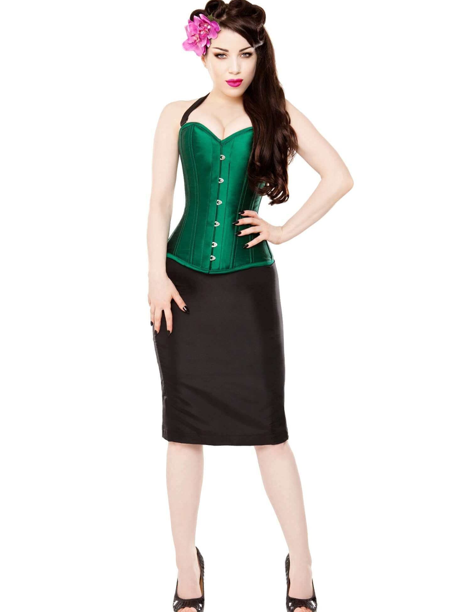 Green Silk Steel Boned Corset & Black Pencil Skirt, Bolero & Halters