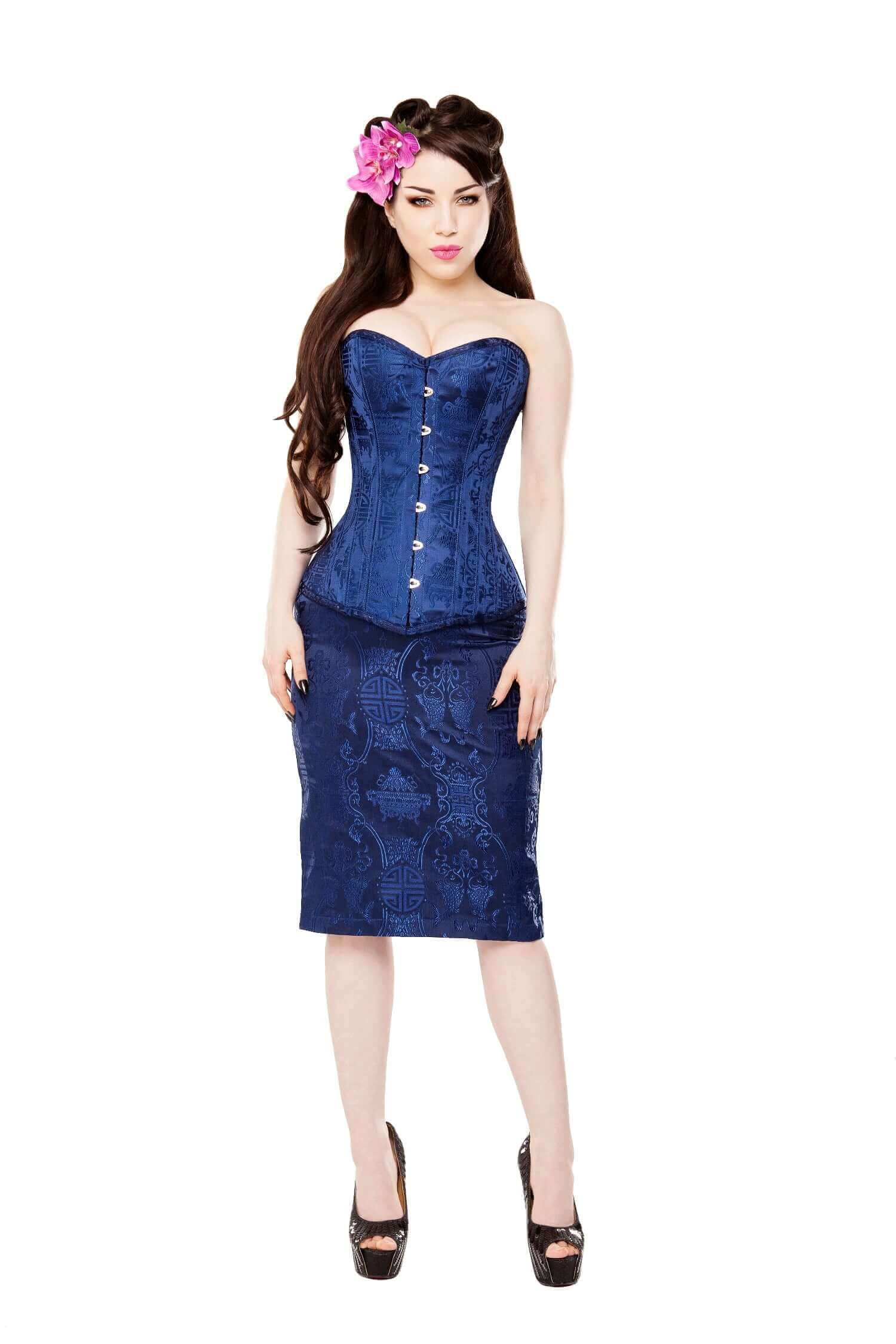 Playgirl Long Royal Blue Brocade Pencil Skirt