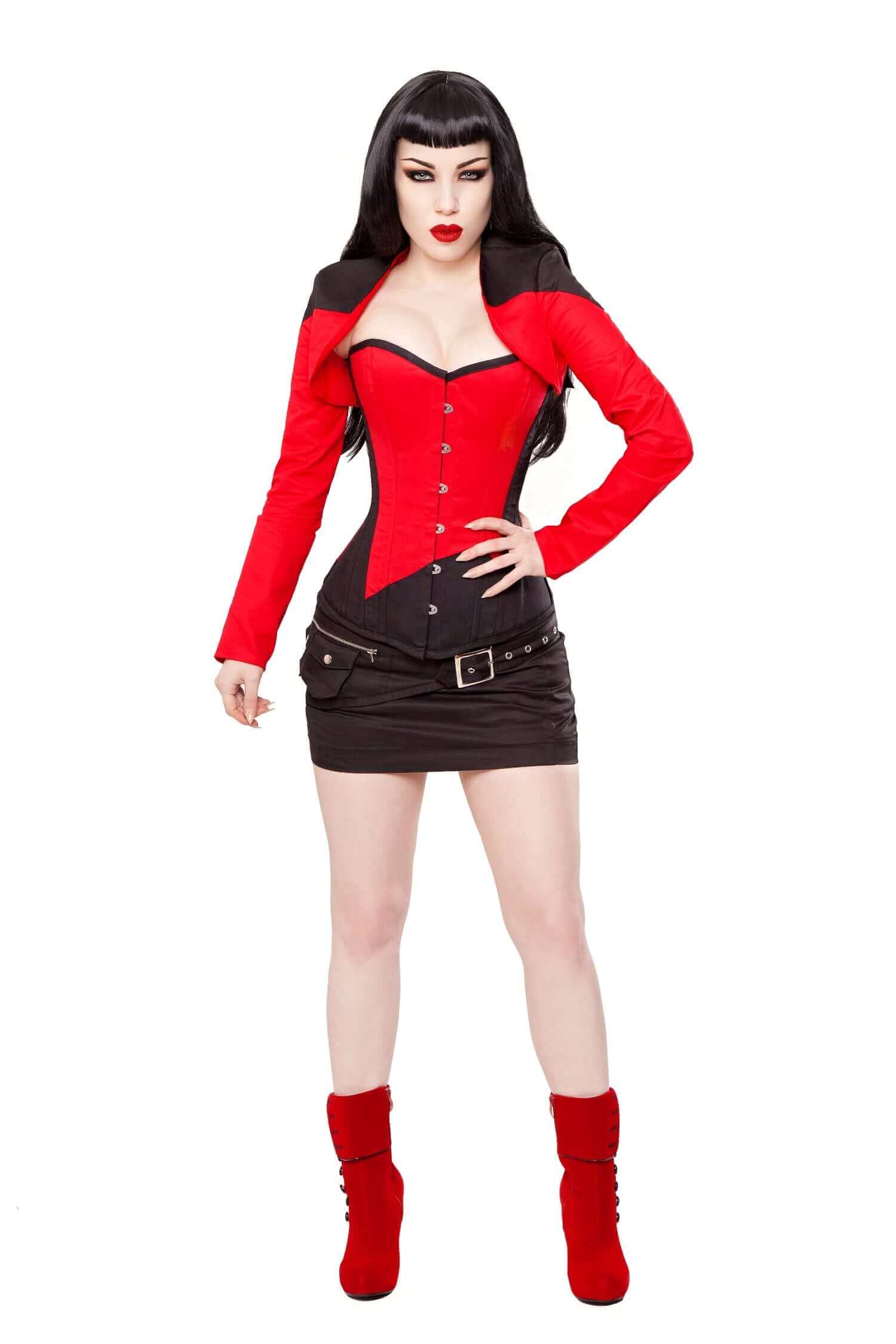 Black/Red Captain 1st Officer Steel Boned Corset & Shrug